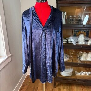 Maeve Anthropologie Navy Blue Velvet Button Front Blouse Tunic Top Size 12